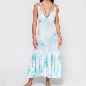 Pitusa blue & white tie-dye tiered strappy sundress standard m l xl